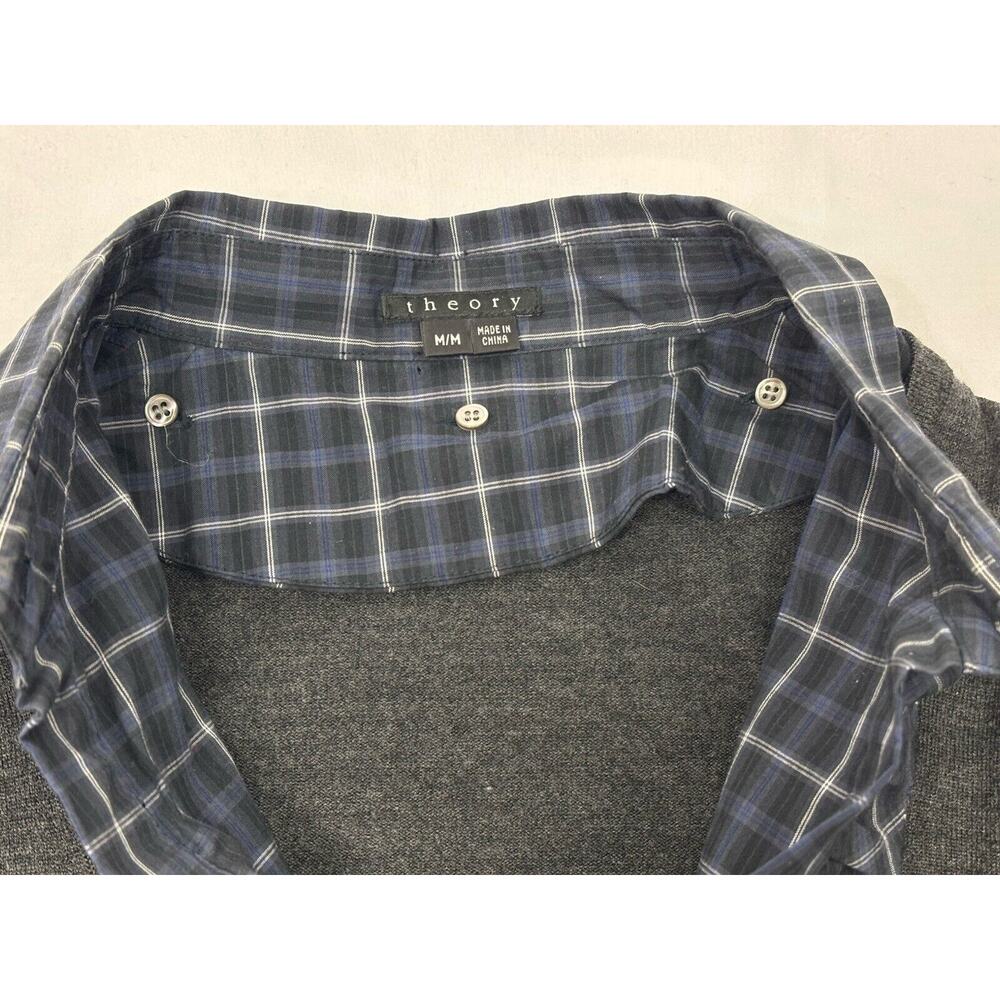 Theory Sweater Women's Medium Black Blue Plaid Ruffle Attached Shirt Collar Wool - Picture 13 of 13